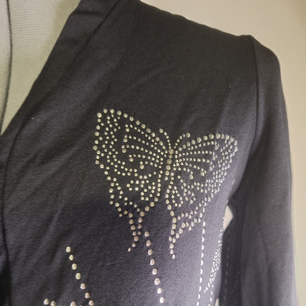 Black Cropped Lightweight Sweater with Silver Butterfly Design. Size Small